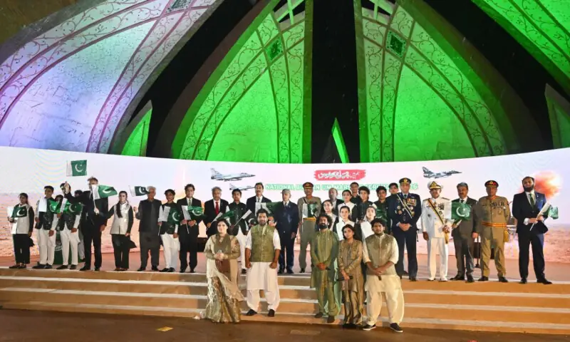 President Asif Ali Zardari, Prime Minister Shehbaz Sharif, and chief of armed forces, during the Marka-i-Haq's first anniversary commemoration ceremony in Islamabad on May 10, 2026. — Photo via ISPR
