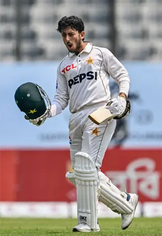  PAKISTAN&rsquo;S Azan Awais celebrates after scoring the century.&mdash;AFP 
