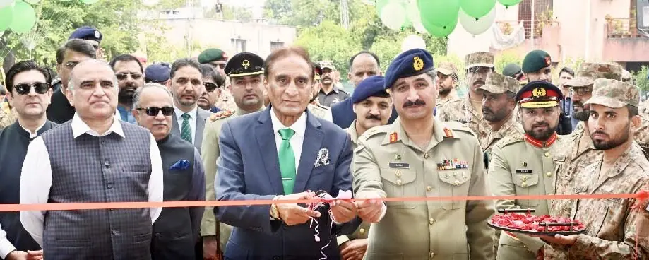 AJK acting president Chaudhry Latif Akbar and GOC Chinar Div Maj-Gen Zarrar Mahmood cut the ribbon to open a defence exhibition in Muzaffarabad held as part of Bunyan un Marsoos victory celebrations on Sunday. &mdash; Photo via author