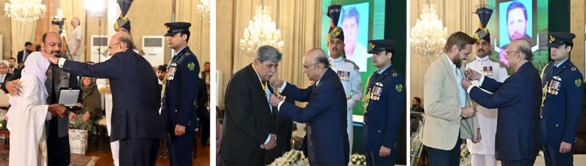 (LEFT to right) President Asif Ali Zardari confers the Sitara-i-Shuja’at upon the mother of Liaqat Ali, a former railway employee who thwarted a suicide attack in Attock; the Hilal-i-Imtiaz upon playwright Asghar Nadeem Syed, and cricketer Shahid Afridi at an investiture ceremony held at Aiwan-i-Sadr.—X/@PresOfPakistan 