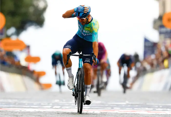 XDS Astana Team’s Italian rider Davide Ballerini celebrates as he crosses the finish line to win the sixth stage of the Giro d’Italia on Thursday.—AFP
