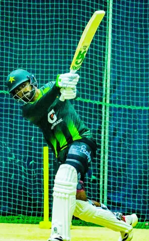SYLHET: Pakistan’s Babar Azam bats in the nets during a training session on Friday. —Courtesy Bangladesh Cricket Board