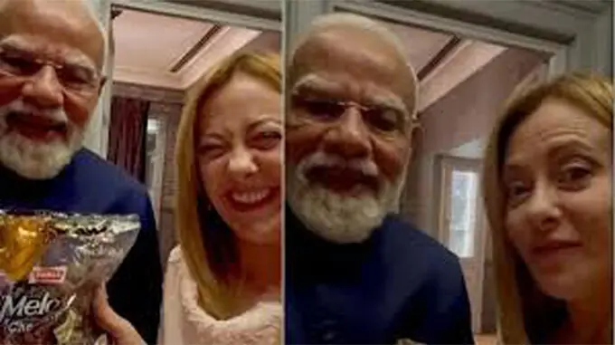  NARENDRA Modi gifts a pack of toffees to Giorgia Meloni.&mdash;Courtesy The Statesman  
