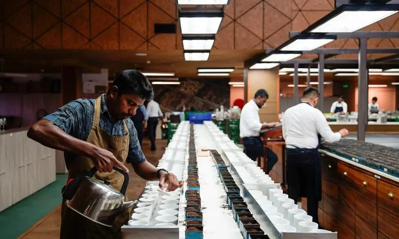 An employee prepares tea in a tasting room at the Dilmah tea factory in Colombo, Sri Lanka, April 23, 2026. —Reuters
