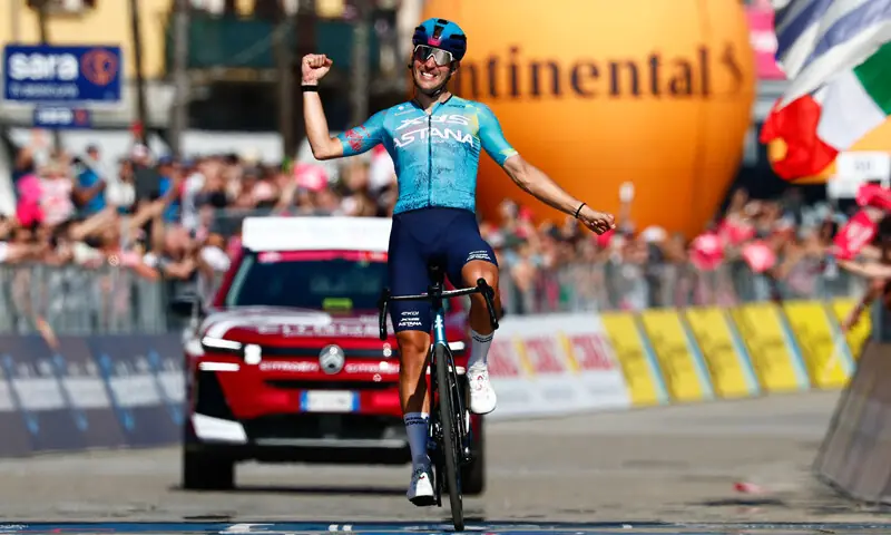 XDS Astana Team’s Italian rider Alberto Bettiol celebrates as he crosses the finish line to win the 13th stage of the Giro d’Italia on Friday.—AFP