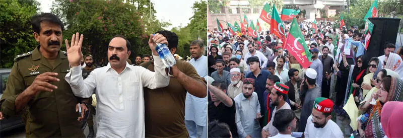  (Left) Policemen detain a PTI protester during a demonstration in Lahore, while (right) party workers stage a protest outside the Peshawar Press Club.&mdash;Murtaza Ali/Shahbaz Butt/White Star 