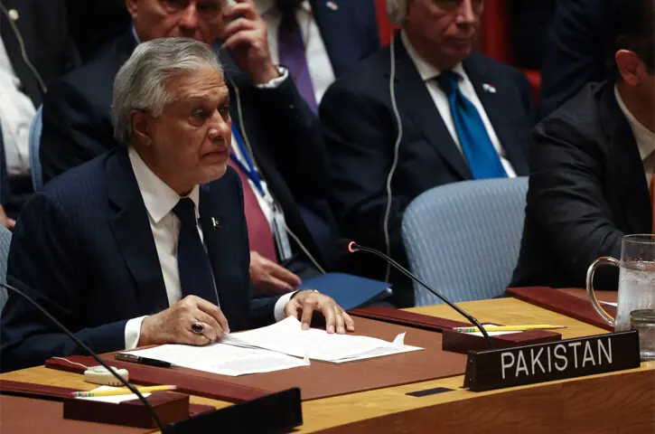 FOREIGN Minister Ishaq Dar attends a Security Council meeting.—Reuters