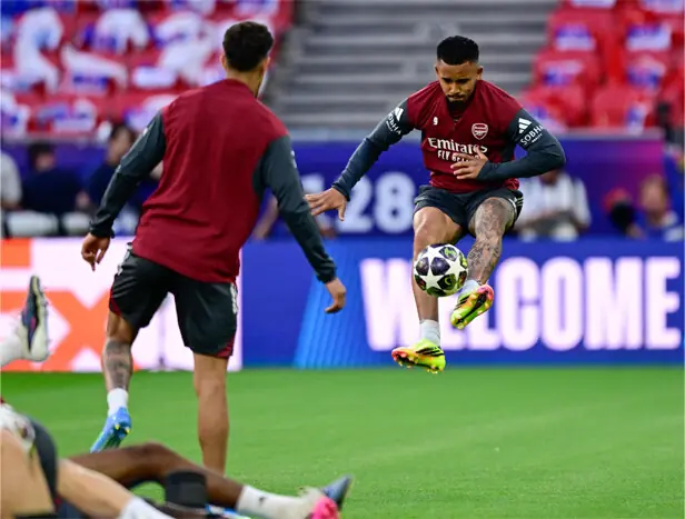  Arsenal&rsquo;s Gabriel Jesus in action during a training session at the Puskas Arena on Friday.&mdash;AFP 