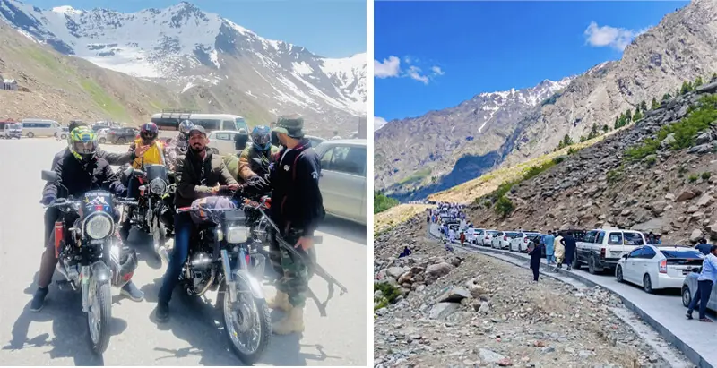  A police official guides a group of motorcyclists en route to Gilgit-Baltistan via Mansehra-Naran-Jalkhad Road in Kaghan Valley on Friday. (Right) A large number of visitors line up on the road to Mahodand Lake in Kalam, Swat. &mdash; Dawn 