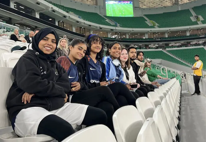 The five Lyari girls taking a breather during training at the PSG Academy in Qatar