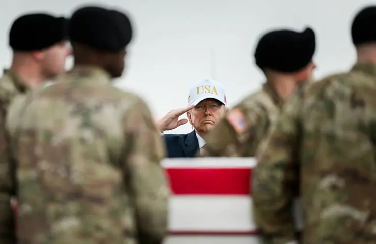US President Donald Trump attending the return of the bodies of the first six American soldiers killed during the war with Iran on March 7, 2026: the lateral diffusion of technologies help innovative and determined weaker powers, such as Iran, offset the asymmetric advantage of bigger powers, such as the US | AFP