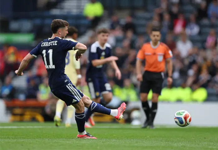  GLASGOW: Scotland&rsquo;s Ryan Christie scores from the penalty spot against Curacao during their International friendly at the Hampden Park on Saturday.&mdash;Reuters  