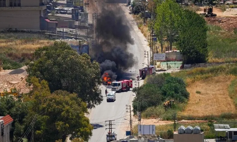 Smoke rises from a vehcile targeted by an Israeli drone attack in the southern Lebanese city of Nabatieh on June 5, 2026. &mdash;AFP