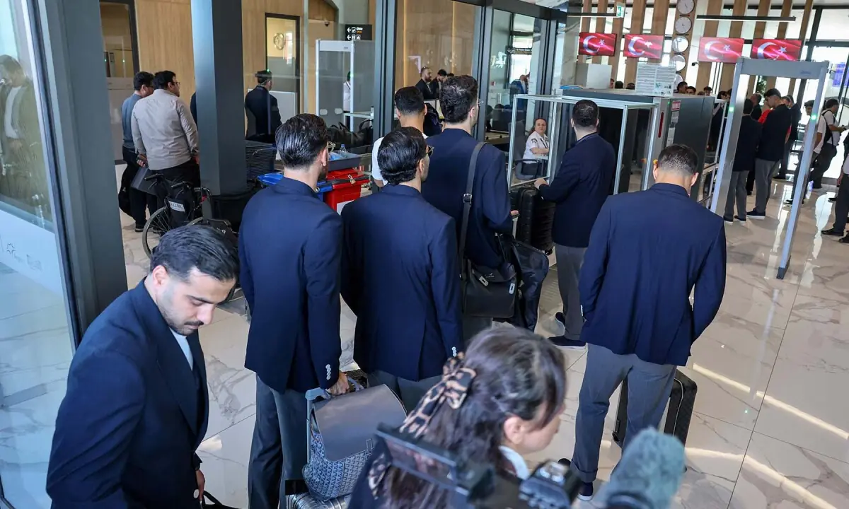 Members of the Iranian national football team go through a security check at Antalya Airport in Antalya, Turkiye on June 6, 2026. for their departure to Mexico ahead of the FIFA 2026 World Cup. &mdash; AFP