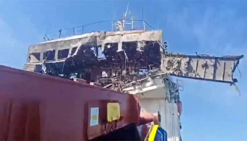 A cargo vessel identified as NATRA, damaged by a Ukrainian drone at an undefined location in Azov sea.—Reuters