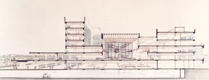  A watercolour-and-ink cross-sectional rendering of the Jinnah Terminal building based on design drawings by Nespak | Architect Syed Sadiq Ali  