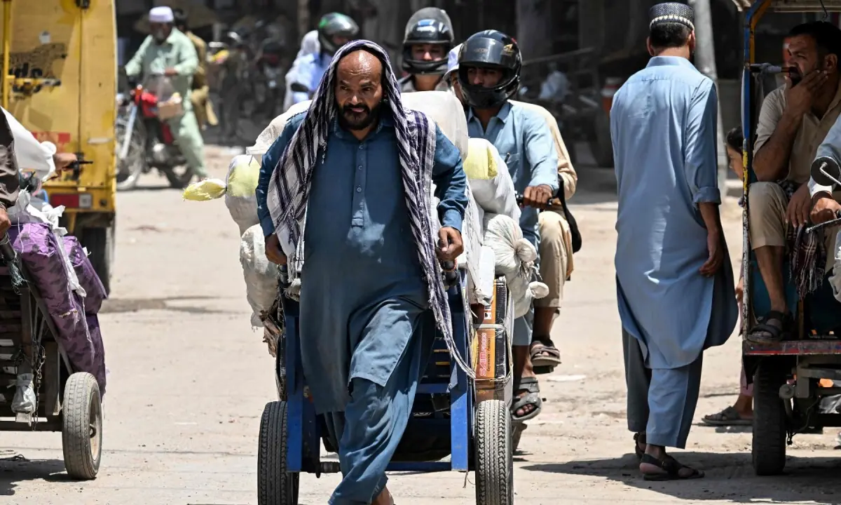 A labourer shields his head with a cloth as he hauls a loaded cart amid a heatwave in Rawalpindi on June 9, 2026. —AFP