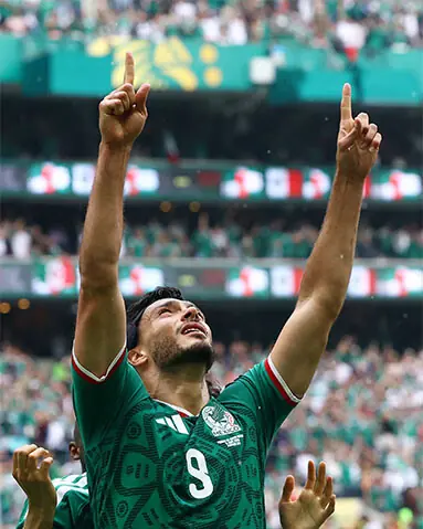 Raul Jimenez celebrates after scoring Mexico’s second goal in their match against S. Africa.—Reuters