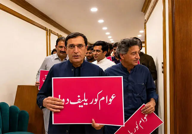 PTI leader Gohar Ali Khan holds a placard during the party’s demonstration in parliament. — APP