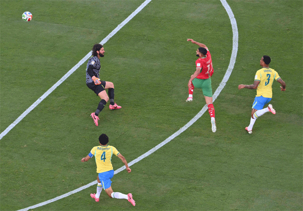 NEW JERSEY: Morocco’s Ismael Saibari (C) scores past Brazil goalkeeper Allison during their Group ‘C’ match at the New Jersey Stadium.—AFP
