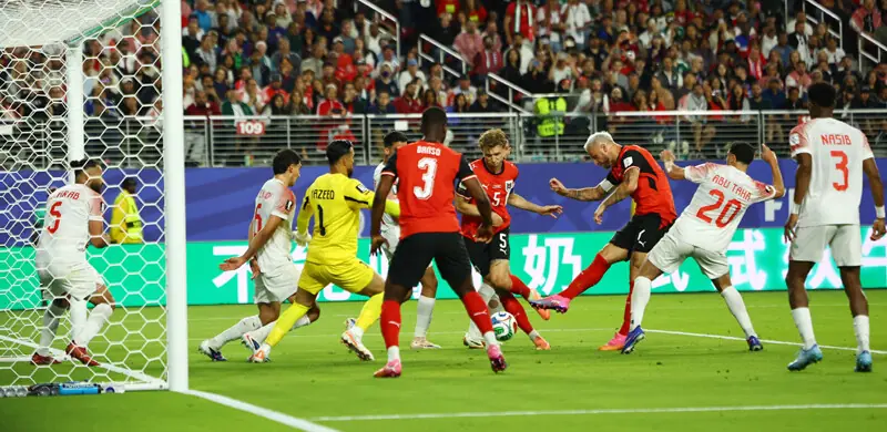 SAN FRANCISCO (California): Austria’s Marko Arnautovic (third R) shoots to score during the Group ‘J’ match against Jordan at San Francisco Bay Area Stadium.—Reuters