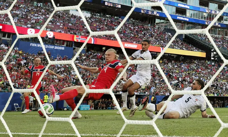 BOSTON (Massachusetts): Norway’s Erling Haaland (second L) scores during the Group ‘I’ match against Iraq at the Boston Stadium.—Reuters