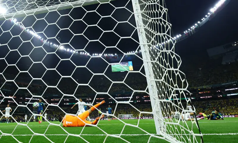 MEXICO CITY: Colombia’s Luis Diaz (R) scores during the Group ‘K’ match against Uzbekistan at Estadio Azteca.—Reuters