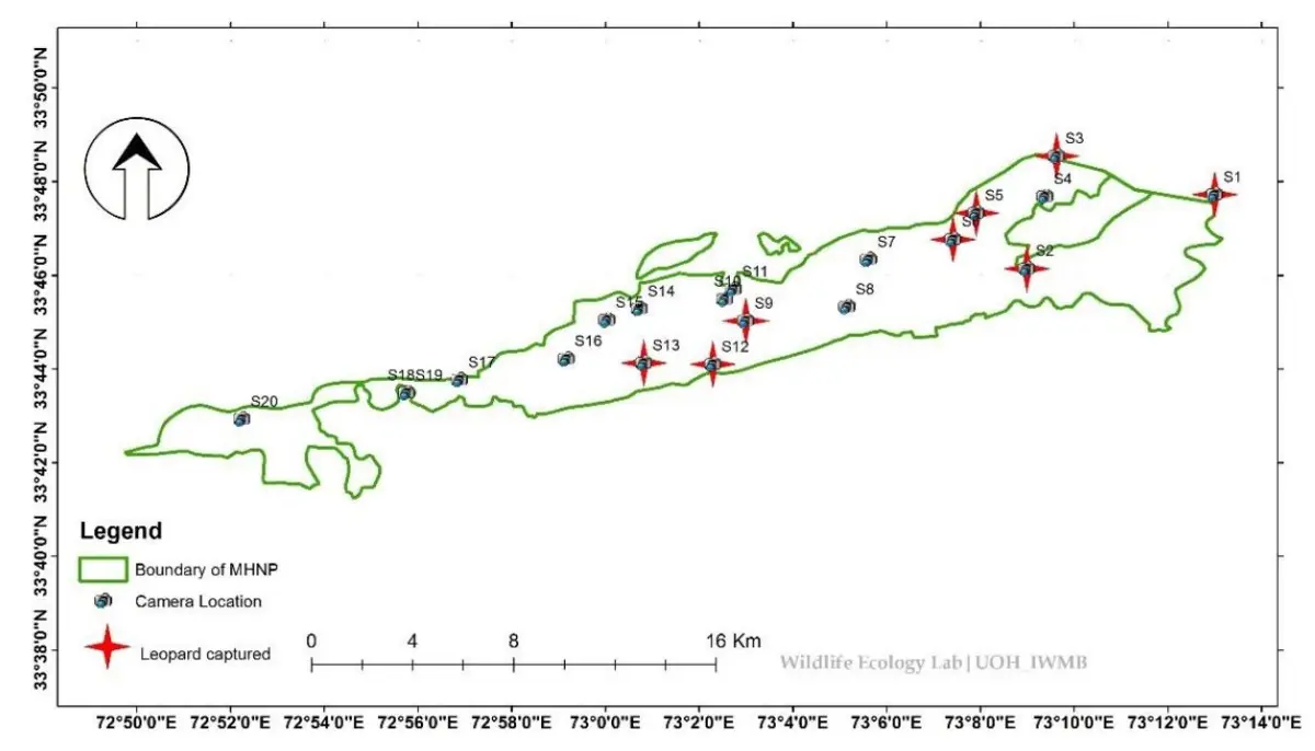 Cameras placed in the MHNP to track leopards. The ones that captured a leopard are marked. — Map via IWMB.