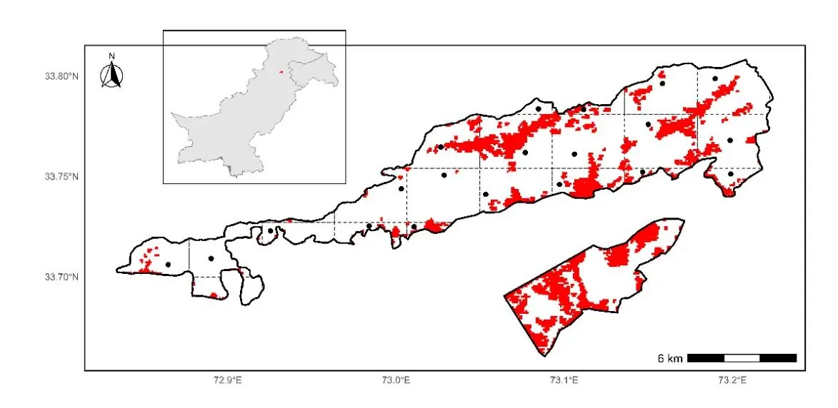 A map showing all areas in the MHNP that have some level of human construction, marked in red. — Map via IWMB