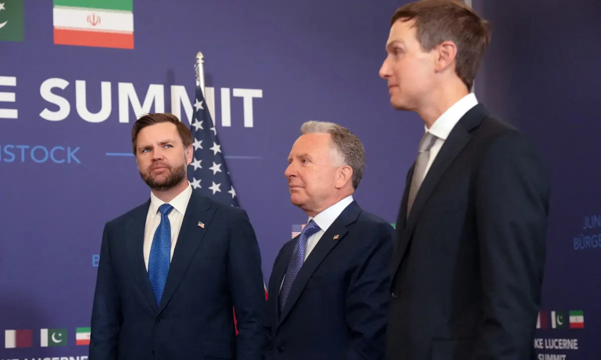 US Vice President JD Vance (L) waits, alongside US President Donald Trump&rsquo;s special envoy Steve Witkoff (C) and Trump&rsquo;s son-in-law Jared Kushner, to meet with Prime Minister Shehbaz Sharif, at the Burgenstock luxury hotel complex overlooking Lake Lucerne, Switzerland, on June 21, 2026. ─ AFP