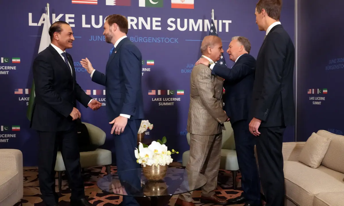 US Vice President JD Vance (2ndL), US President Donald Trump’s special envoy Steve Witkoff (2ndR) and Trump’s son-in-law Jared Kushner (R) meet with Prime Minister Shehbaz Sharif (2ndR) and Chief of Defence Forces Field Marshal Asim Munir (L) at the Burgenstock luxury hotel complex overlooking Lake Lucerne, Switzerland, on June 21, 2026. ─ AFP