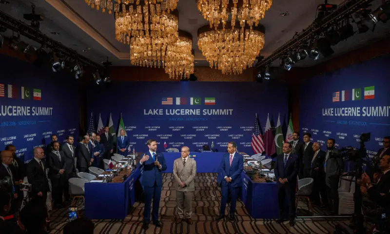 US Vice President JD Vance (L) speaks next to Prime Minister Shehbaz Sharif (C) and Qatar&rsquo;s Prime Minister Sheikh Mohammed bin Abdulrahman bin Jassim al-Thani prior to a quadrilateral meeting between the United States, Iran, Pakistan and Qatar at the Burgenstock luxury hotel complex overlooking Lake Lucerne, Switzerland, on June 21, 2026. &mdash; AFP &mdash; Reuters