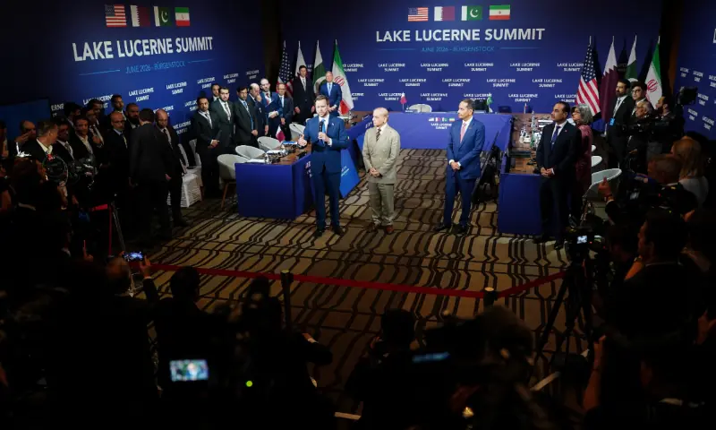 U.S. Vice President JD Vance, Prime Minister Shehbaz Sharif, and Qatar&rsquo;s Prime Minister and Minister for Foreign Affairs Sheikh Mohammed bin Abdulrahman bin Jassim Al-Thani attend a quadrilateral meeting between the U.S., Iran, Pakistan, and Qatar at the Lake Lucerne Summit, aimed at advancing a deal to end the Middle East conflict, at Buergenstock Resort Lake Lucerne, near Stansstad, Switzerland, June 21. &mdash; Reuters