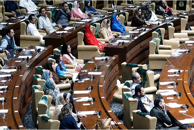 MPAs participate in the budget debate during the Sindh Assembly session on Monday.&mdash;PPI