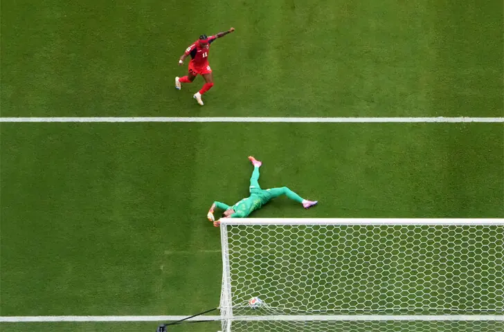 MIAMI GARDENS (Florida): Uruguay goalkeeper Fernando Muslera fails to save a shot by Cape Verde’s Kevin Pina during their Group ‘H’ match at the Miami Stadium.—Reuters