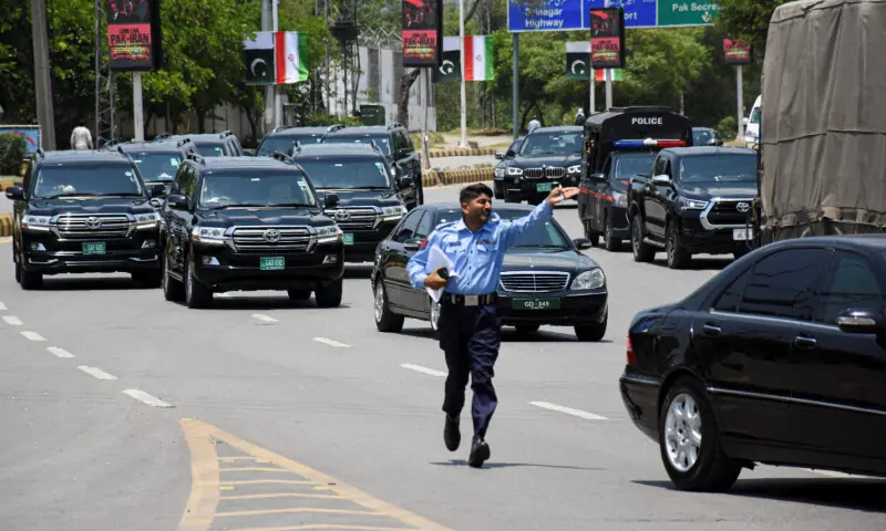  A motorcade heads to Pakistan Air Force (PAF) Base Nur Khan ahead of the arrival of Iran&rsquo;s President Masoud Pezeshkian in Islamabad, Pakistan, June 23. &mdash; Reuters 