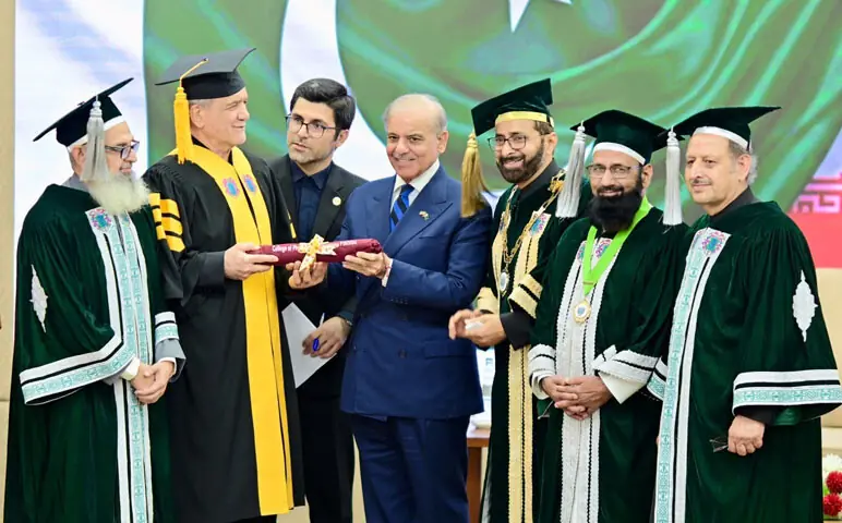 PM Shehbaz Sharif confers an honorary fellowship of the College of Physicians and Surgeons of Pakistan on Dr Masoud Pezeshkian; while (right) the visiting head of state meets Chief of Defence Forces Field Marshal Asim Munir for a one-on-one meeting.&mdash;White Star