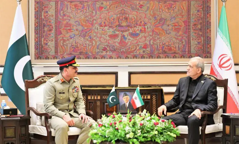 PM Shehbaz Sharif confers an honorary fellowship of the College of Physicians and Surgeons of Pakistan on Dr Masoud Pezeshkian; while (right) the visiting head of state meets Chief of Defence Forces Field Marshal Asim Munir for a one-on-one meeting.&mdash;White Star
