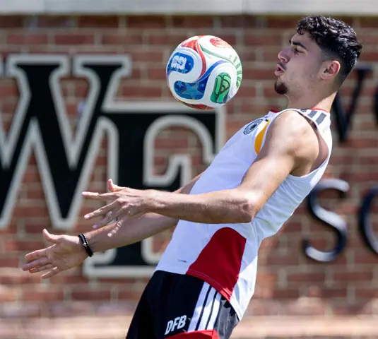  WINSTON-SALEM (North Carolina): Germany&rsquo;s Aleksandar Pavlovic controls the ball during a training session at the Wake Forest University on Wednesday.&mdash;Reuters 
