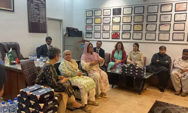 Police Surgeon Dr Sumaiyya Syed, Sindh Health and Population Welfare Minister Dr Azra Fazal Pechuho, and Sindh Commission on the Status of Women Chairperson Advocate Rubina Brohi at the inauguration of pilot CFMC in Karachi. &mdash; Photo by author