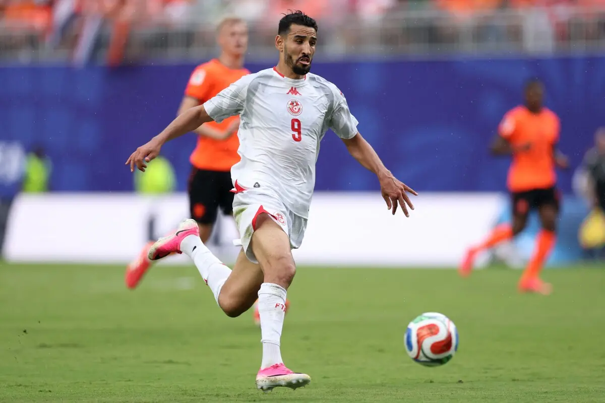  Hazem Mastouri #9 of Tunisia during the FIFA World Cup 2026 Group F match between Tunisia and Netherlands at Kansas City Stadium on June 25, 2026 in Kansas City, Missouri. &mdash; AFP 