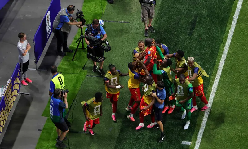  ATLANTA (Georgia): DR Congo players celebrate a goal during the Group &lsquo;K&rsquo; match against Uzbekistan at the Atlanta Stadium.&mdash;AFP 