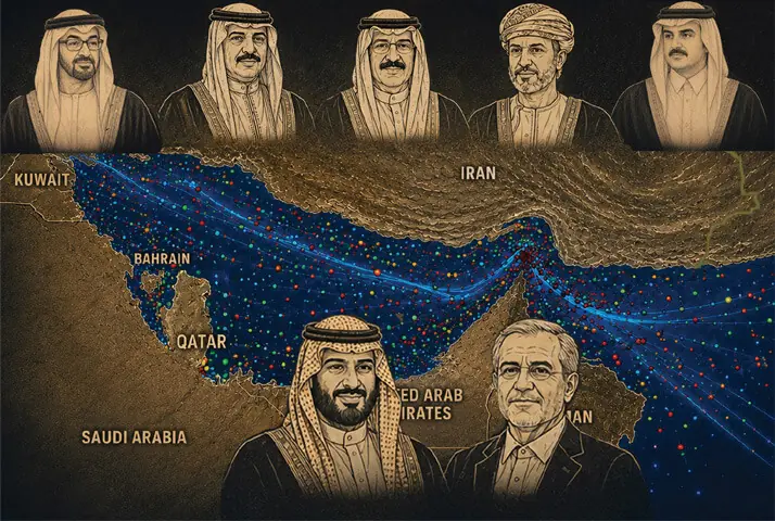 An illustration showing (top, left to right) the President of the United Arab Emirates (UAE) Sheikh Mohamed bin Zayed Al-Nahyan, Bahrain’s King Hamad bin Isa Al-Khalifa, Kuwait’s Emir Sheikh Mishal Al-Ahmad Al-Jaber Al-Sabah, the Sultan and Prime Minister of Oman Haitham bin Tariq Al-Said, Qatar’s Emir Tamim bin Hamad Al-Thani, (and bottom) the Crown Prince of Saudi Arabia Mohammed bin Salman and Iranian President Masoud Pezeshkian over a map of the Gulf with pre-war ship locator markings showing ships travelling via the Strait of Hormuz