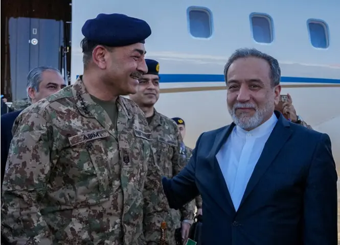 Pakistan’s Chief of Defence Forces Field Marshal Asim Munir being received by Iranian Foreign Minister Abbas Araqchi at an airport in Tehran, Iran on April 15, 2026.: for Islamabad, preserving its détente with Iran and investing in a deeper relationship with Tehran are core national security imperatives | Iranian Foreign Ministry
