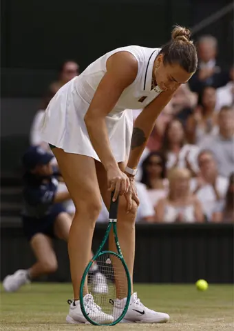 ARYNA Sabalenka of Belarus reacts during her Wimbledon last-16 match against Japan’s Naomi Osaka at the All England Lawn Tennis and Croquet Club on Sunday.—Reuters