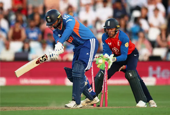 INDIAN tailender Varun Chakravarthy is cleaned up by England leg-spinner Adil Rashid during the second T20I at Trent Bridge.—Reuters