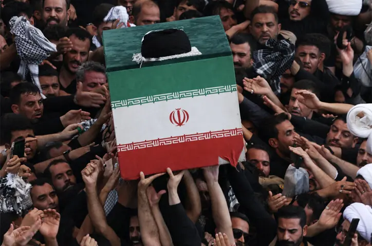 The coffin of Ayatollah Ali Khamenei is carried by mourners at Hazrat Ali’s shrine in Najaf.—Reuters / Centcom