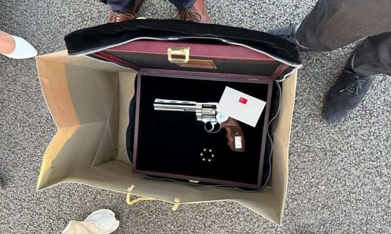 The pistol gifted by Turkish President Recep Tayyip Erdogan to Belgium’s Prime Minister Bart De Wever at Nato summit in Ankara. — Handout via Reuters