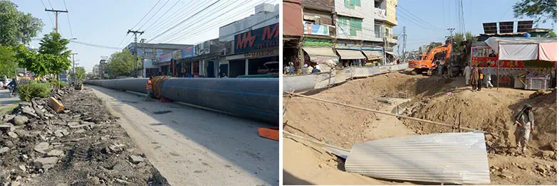  (L-R) Saidpur Road in Rawalpindi has been dug up to lay sewerage pipes while the other picture shows a road in Ganjmandi torn up to construct drain. &mdash; Photos by Mohammad Asim 