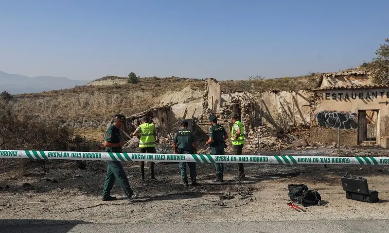Members of the Spanish Civil Guard conduct an investigation during a wildfire in Almocaizar, in the vicinity of Los Gallardos, in Almeria, Spain on July 10, 2026. —Reuters